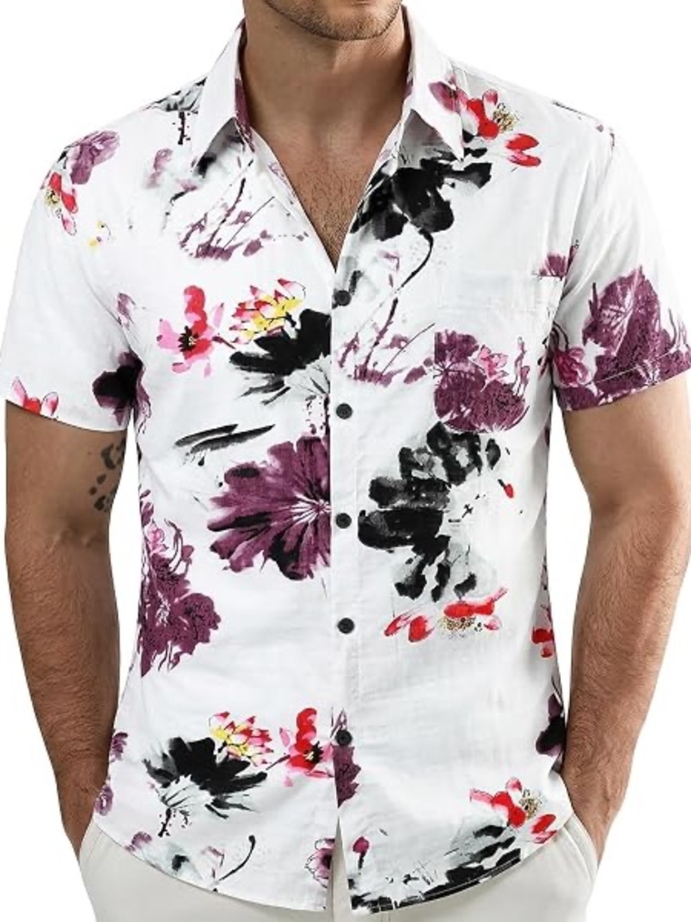 Men's White Floral Short-Sleeve Shirt - Casual Button-Up